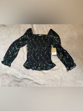 Smocked Off-Shoulder Floral Blouse in Black Multi